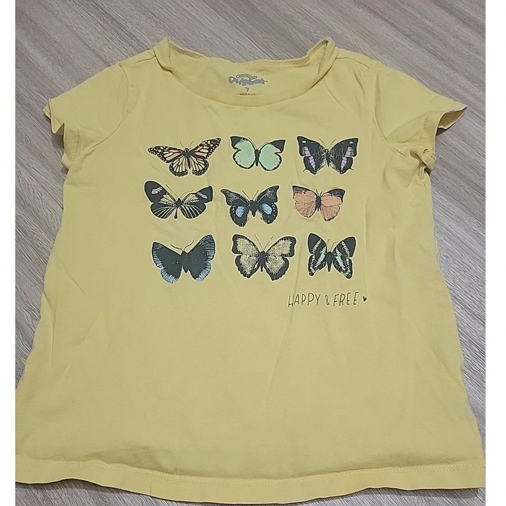 OshKosh B'gosh Girls Yellow Butterfly Graphic Tee Shirt Happy & Free Size 7